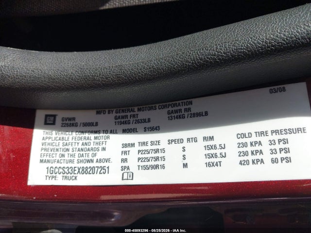 45893296 :رقم المزاد ، 1GCCS33EX88207251 vin ، 2008 Chevrolet Colorado Lt مزاد بيع