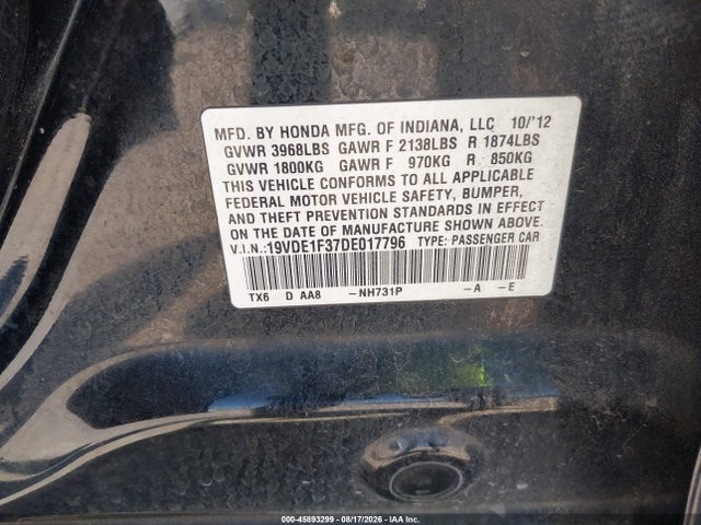 45893299 :رقم المزاد ، 19VDE1F37DE017796 vin ، 2013 Acura Ilx 2.0l مزاد بيع