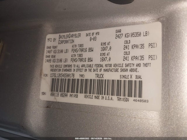 45893302 :رقم المزاد ، 1D7GL12K54S500178 vin ، 2004 Dodge Dakota مزاد بيع