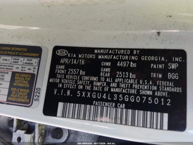 Aukcja sprzedaży 2016 Kia Optima Ex, vin: 5XXGU4L35GG075012, numer aukcji: 45893304