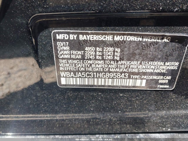 Продаж на аукціоні авто 2017 Bmw 530i, vin: WBAJA5C31HG895843, номер лоту: 45893307