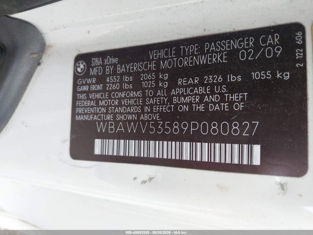 Aukcja sprzedaży 2009 Bmw 328i Xdrive, vin: WBAWV53589P080827, numer aukcji: 45893309
