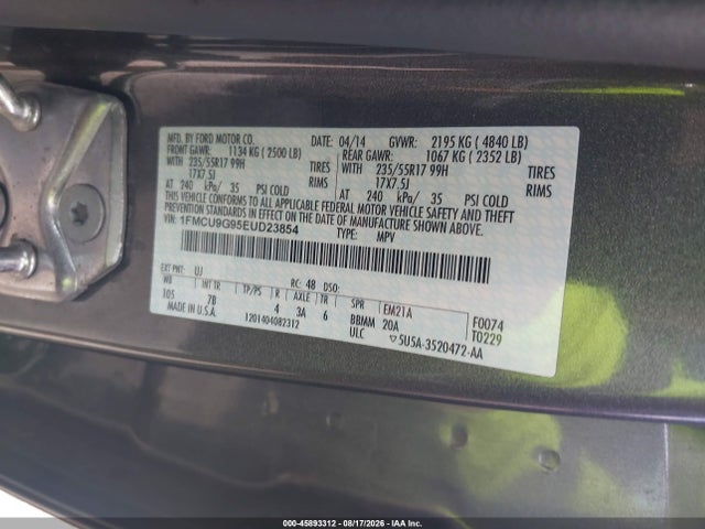 Продаж на аукціоні авто 2014 Ford Escape Se, vin: 1FMCU9G95EUD23854, номер лоту: 45893312