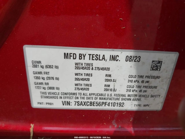 2023 Tesla Model X Dual Motor All-wheel Drive/standard Range მანქანა იყიდება აუქციონზე, vin: 7SAXCBE56PF410192, აუქციონის ნომერი: 45893313