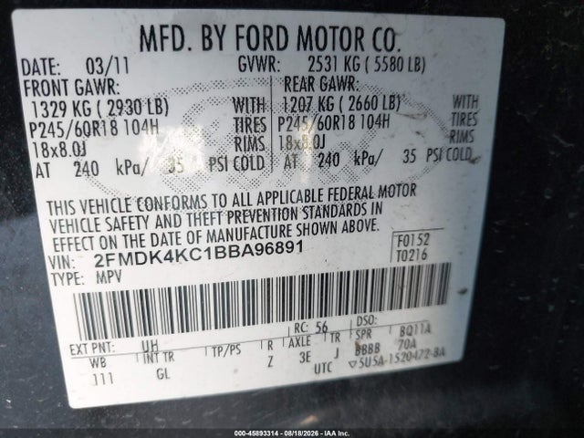 Продажа на аукционе авто 2011 Ford Edge Limited, vin: 2FMDK4KC1BBA96891, номер лота: 45893314