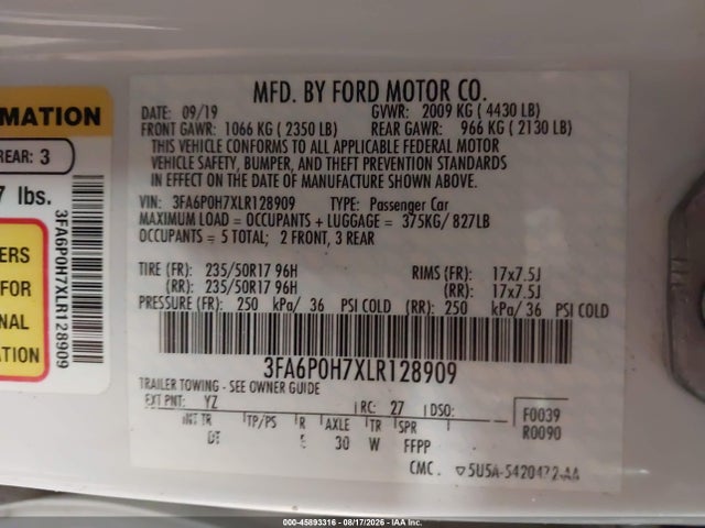 Продаж на аукціоні авто 2020 Ford Fusion Se, vin: 3FA6P0H7XLR128909, номер лоту: 45893316