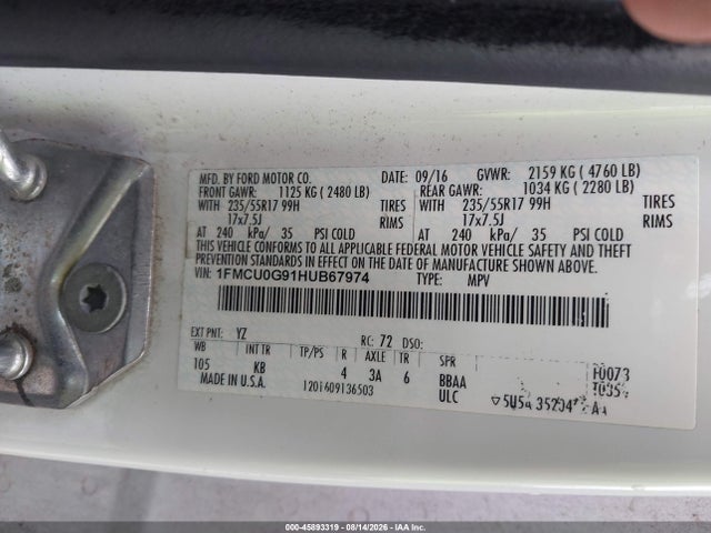 2017 Ford Escape Se მანქანა იყიდება აუქციონზე, vin: 1FMCU0G91HUB67974, აუქციონის ნომერი: 45893319