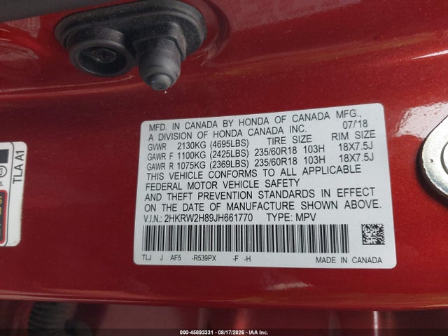 2HKRW2H89JH661770 Honda Cr-v Ex-l/ex-l Navi