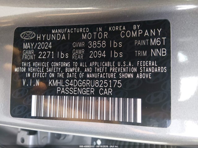 Продаж на аукціоні авто 2024 Hyundai Elantra Sel, vin: KMHLS4DG6RU825175, номер лоту: 45893333
