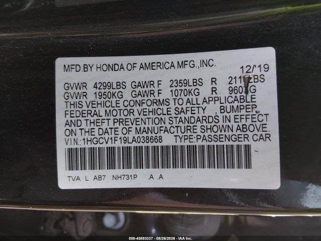 2020 Honda Accord Lx მანქანა იყიდება აუქციონზე, vin: 1HGCV1F19LA038668, აუქციონის ნომერი: 45893337