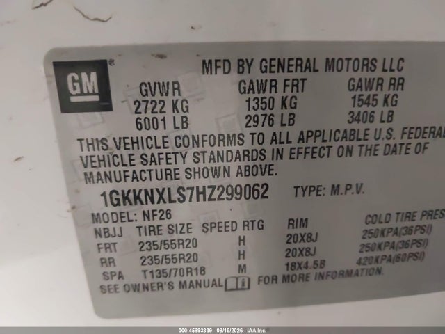 Aukcja sprzedaży 2017 Gmc Acadia Denali, vin: 1GKKNXLS7HZ299062, numer aukcji: 45893339