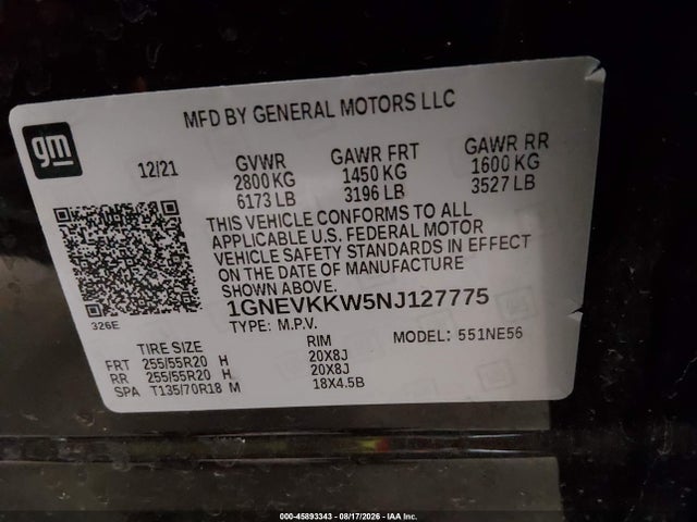 45893343 :رقم المزاد ، 1GNEVKKW5NJ127775 vin ، 2022 Chevrolet Traverse Awd Premier مزاد بيع