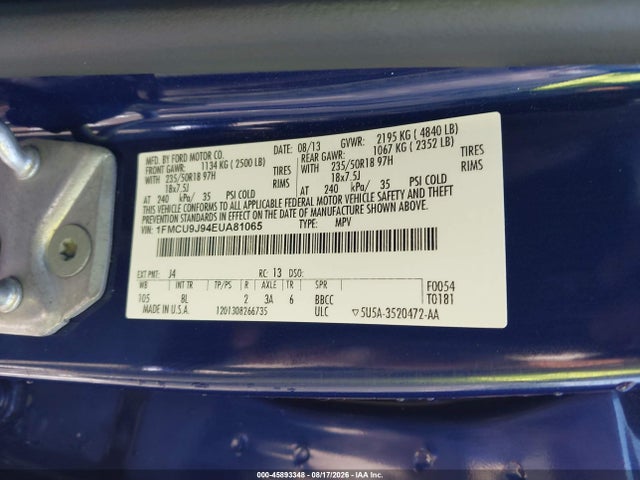 2014 Ford Escape Titanium მანქანა იყიდება აუქციონზე, vin: 1FMCU9J94EUA81065, აუქციონის ნომერი: 45893348