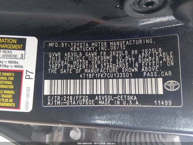 Продажа на аукционе авто 2012 Toyota Camry Se, vin: 4T1BF1FK7CU133501, номер лота: 45893350
