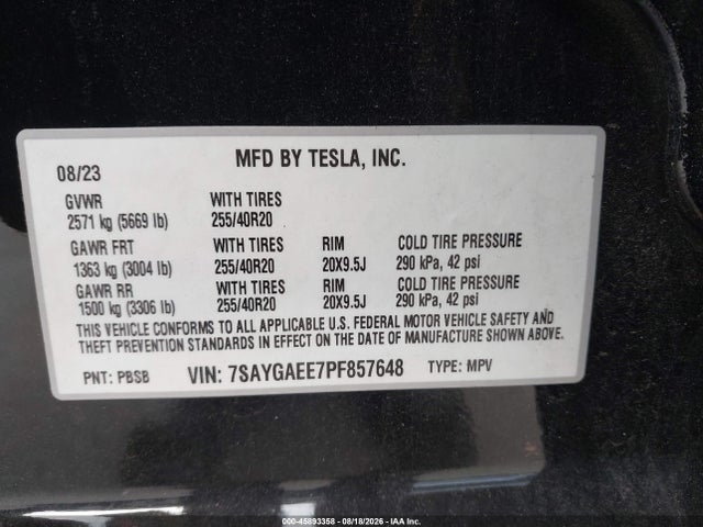 45893358 :رقم المزاد ، 7SAYGAEE7PF857648 vin ، 2023 Tesla Model Y Awd/long Range Dual Motor All-wheel Drive مزاد بيع