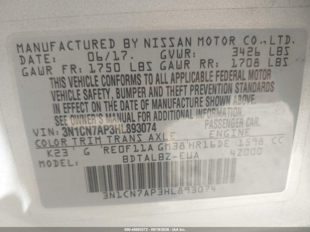 2017 Nissan Versa 1.6 Sv მანქანა იყიდება აუქციონზე, vin: 3N1CN7AP3HL893074, აუქციონის ნომერი: 45893372
