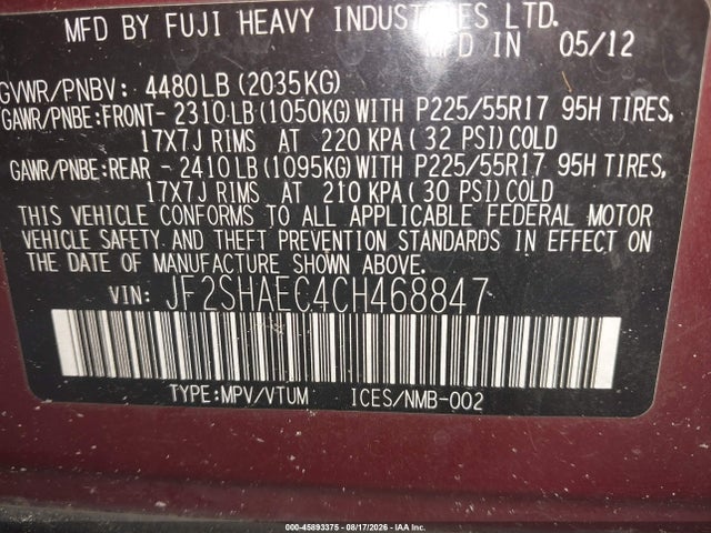 45893375 :رقم المزاد ، JF2SHAEC4CH468847 vin ، 2012 Subaru Forester 2.5x Limited مزاد بيع