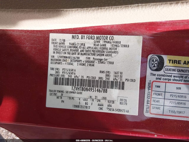 45893378 :رقم المزاد ، 1ZVHT80N495146788 vin ، 2009 Ford Mustang V6/v6 Premium مزاد بيع
