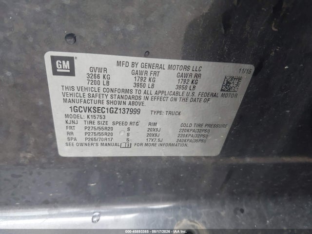 2016 Chevrolet Silverado 1500 Ltz მანქანა იყიდება აუქციონზე, vin: 1GCVKSEC1GZ137999, აუქციონის ნომერი: 45893385