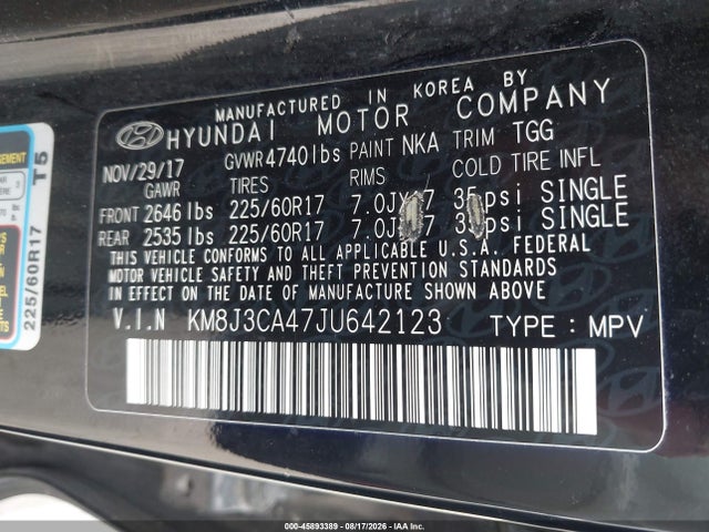 45893389 :رقم المزاد ، KM8J3CA47JU642123 vin ، 2018 Hyundai Tucson Sel مزاد بيع
