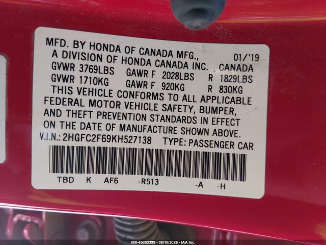 Aukcja sprzedaży 2019 Honda Civic Lx, vin: 2HGFC2F69KH527138, numer aukcji: 45893399