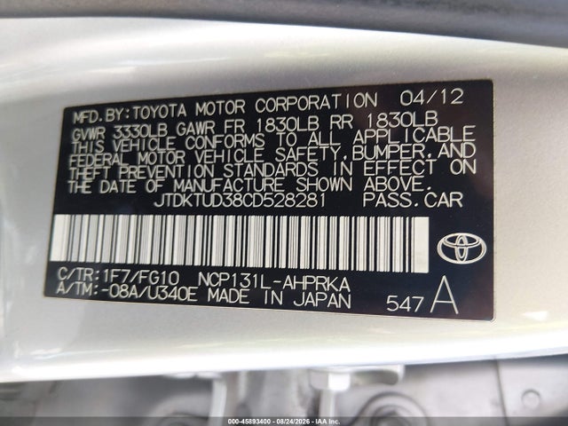 Aukcja sprzedaży 2012 Toyota Yaris L, vin: JTDKTUD38CD528281, numer aukcji: 45893400