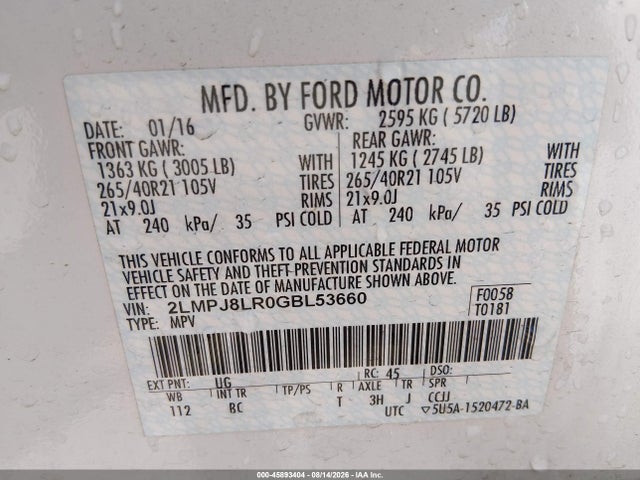 45893404 :رقم المزاد ، 2LMPJ8LR0GBL53660 vin ، 2016 Lincoln Mkx Reserve مزاد بيع