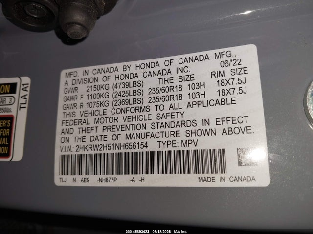 45893423 :رقم المزاد ، 2HKRW2H51NH656154 vin ، 2022 Honda Cr-v Ex مزاد بيع