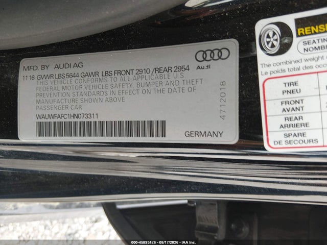 45893426 :رقم المزاد ، WAUWFAFC1HN073311 vin ، 2017 Audi S7 4.0t Premium Plus مزاد بيع