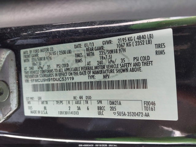 45893430 :رقم المزاد ، 1FMCU9H91DUC53119 vin ، 2013 Ford Escape Sel مزاد بيع