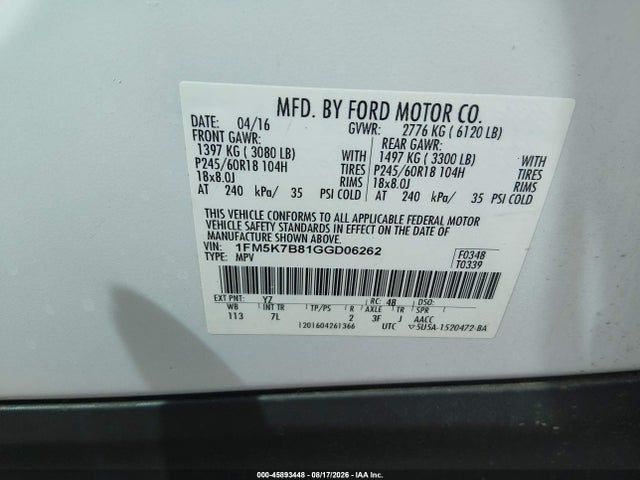 45893448 :رقم المزاد ، 1FM5K7B81GGD06262 vin ، 2016 Ford Explorer مزاد بيع