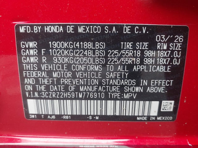 45893449 :رقم المزاد ، 3CZRZ2H59TM776910 vin ، 2026 Honda Hr-v Awd Sport مزاد بيع