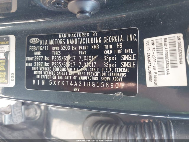 45893468 :رقم المزاد ، 5XYKT4A21BG158903 vin ، 2011 Kia Sorento Lx V6 مزاد بيع
