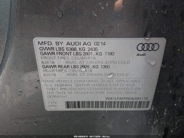 Продажа на аукционе авто 2014 Audi Q5 2.0t Premium, vin: WA1LFAFP5EA096175, номер лота: 45893476