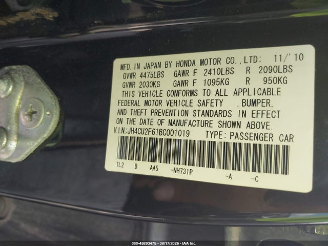 Продажа на аукционе авто 2011 Acura Tsx 2.4, vin: JH4CU2F61BC001019, номер лота: 45893475