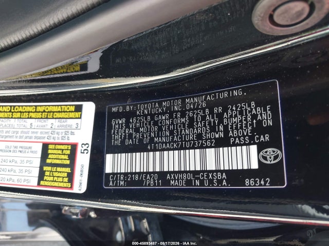 45893487 :رقم المزاد ، 4T1DAACK7TU737562 vin ، 2026 Toyota Camry Nightshade مزاد بيع