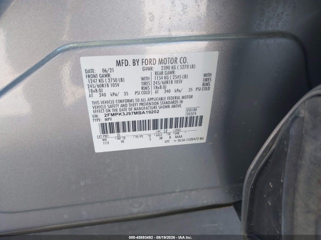 45893492 :رقم المزاد ، 2FMPK3J97MBA19202 vin ، 2021 Ford Edge Sel مزاد بيع