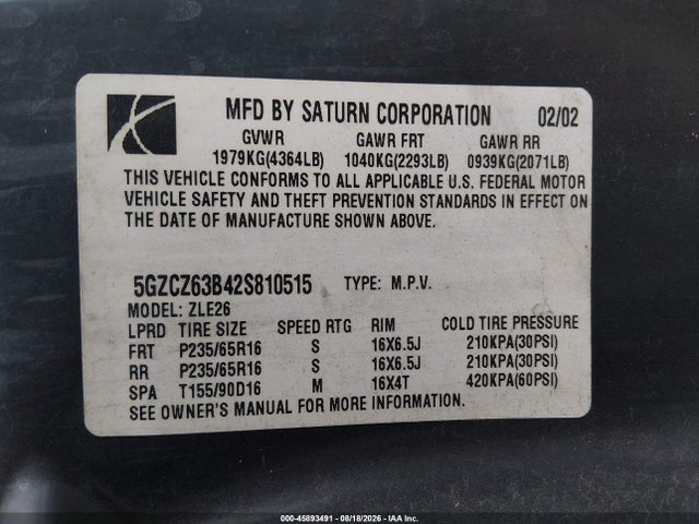 2002 Saturn Vue V6 მანქანა იყიდება აუქციონზე, vin: 5GZCZ63B42S810515, აუქციონის ნომერი: 45893491