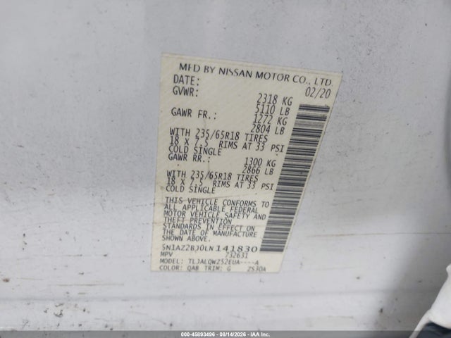 2020 Nissan Murano Sv Fwd მანქანა იყიდება აუქციონზე, vin: 5N1AZ2BJ0LN141830, აუქციონის ნომერი: 45893496