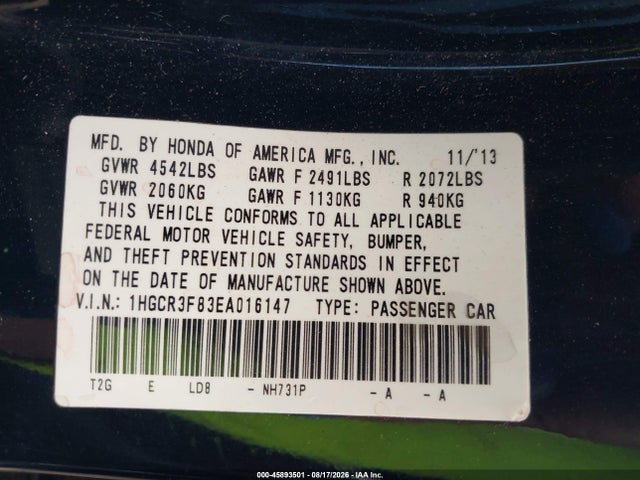 2014 Honda Accord Ex-l V-6 მანქანა იყიდება აუქციონზე, vin: 1HGCR3F83EA016147, აუქციონის ნომერი: 45893501