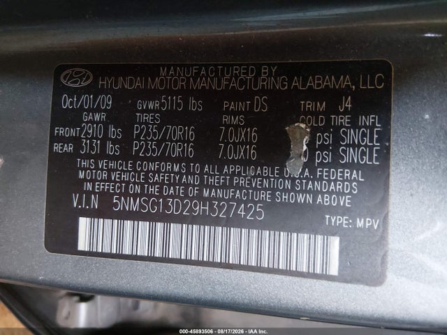 Продаж на аукціоні авто 2009 Hyundai Santa Fe Gls, vin: 5NMSG13D29H327425, номер лоту: 45893506