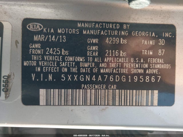 Aukcja sprzedaży 2013 Kia Optima Ex, vin: 5XXGN4A76DG195867, numer aukcji: 45893509
