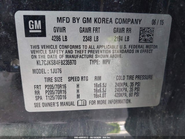 Aukcja sprzedaży 2015 Chevrolet Trax 1ls, vin: KL7CJKSB4FB235970, numer aukcji: 45893512