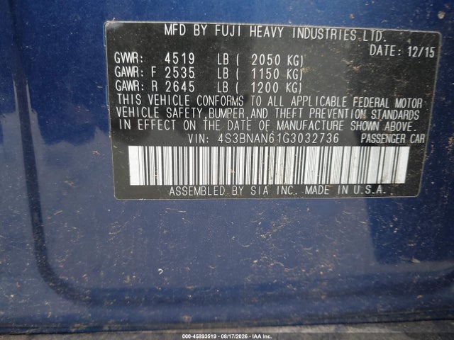 4S3BNAN61G3032736 Subaru Legacy 2.5i Limited