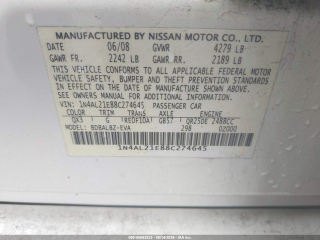 2008 Nissan Altima 2.5 S მანქანა იყიდება აუქციონზე, vin: 1N4AL21E88C274645, აუქციონის ნომერი: 45893523