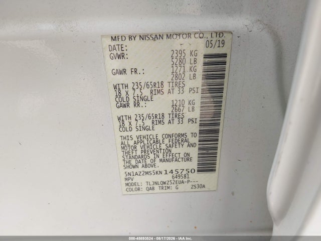 2019 Nissan Murano Sv მანქანა იყიდება აუქციონზე, vin: 5N1AZ2MS5KN145750, აუქციონის ნომერი: 45893524