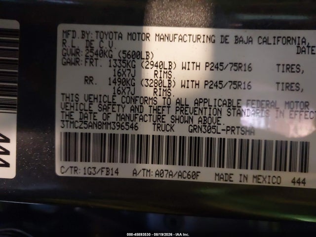 2021 Toyota Tacoma Sr V6 მანქანა იყიდება აუქციონზე, vin: 3TMCZ5AN8MM396546, აუქციონის ნომერი: 45893530