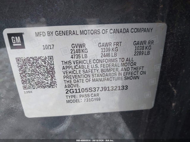 Продаж на аукціоні авто 2018 Chevrolet Impala 1lt, vin: 2G1105S37J9132133, номер лоту: 45893535