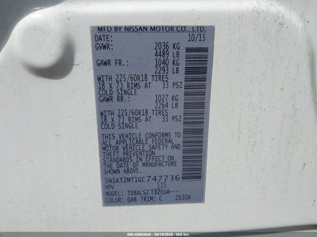Продаж на аукціоні авто 2016 Nissan Rogue Sl, vin: 5N1AT2MT1GC747736, номер лоту: 45893540