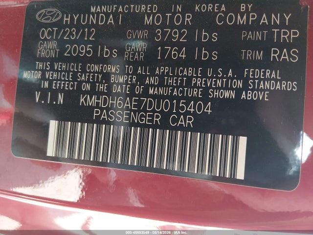 45893549 :رقم المزاد ، KMHDH6AE7DU015404 vin ، 2013 Hyundai Elantra Gs مزاد بيع